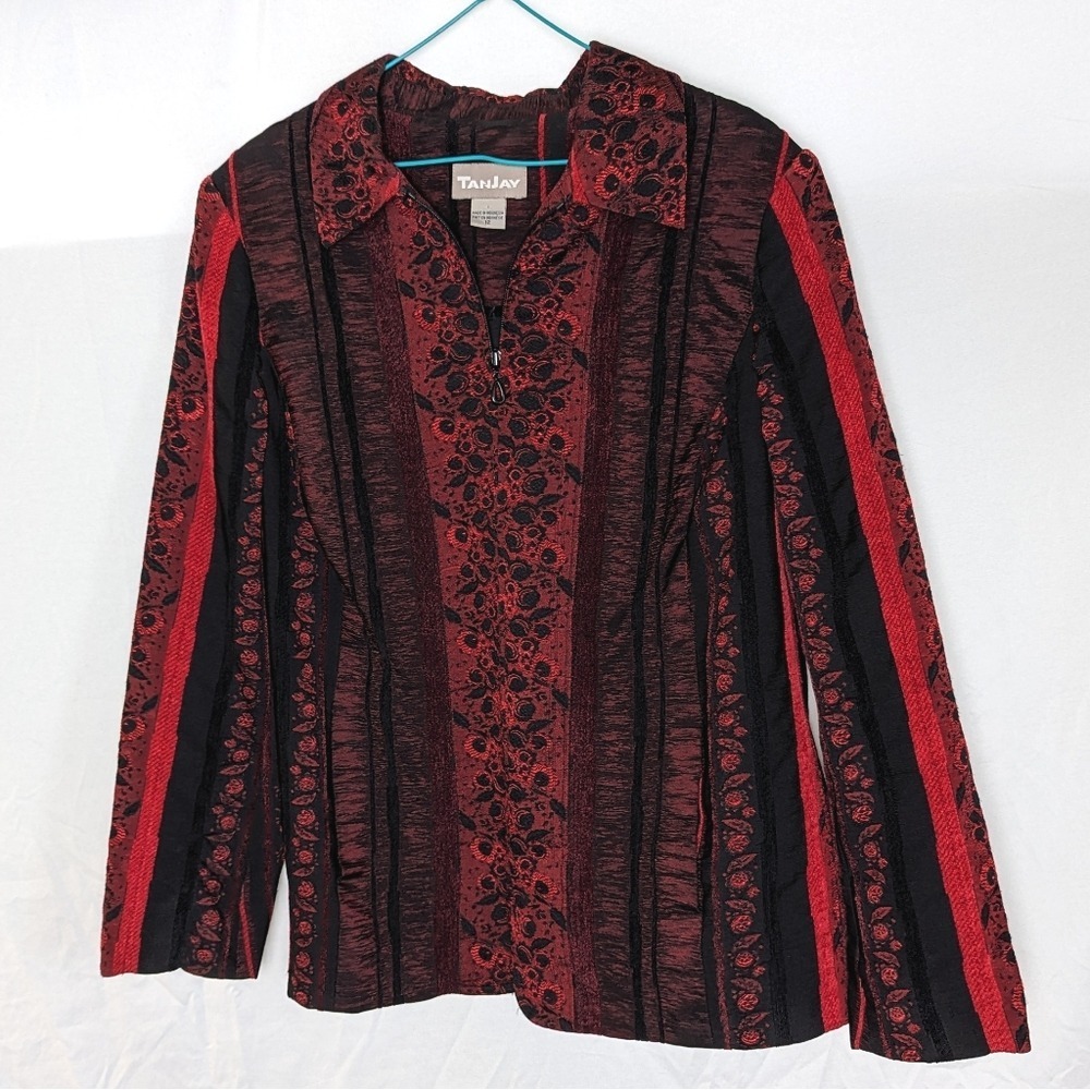 Vintage TanJay Textured Lace Stripe Zip Jacket Women's‎ L 90's Career Embroidery